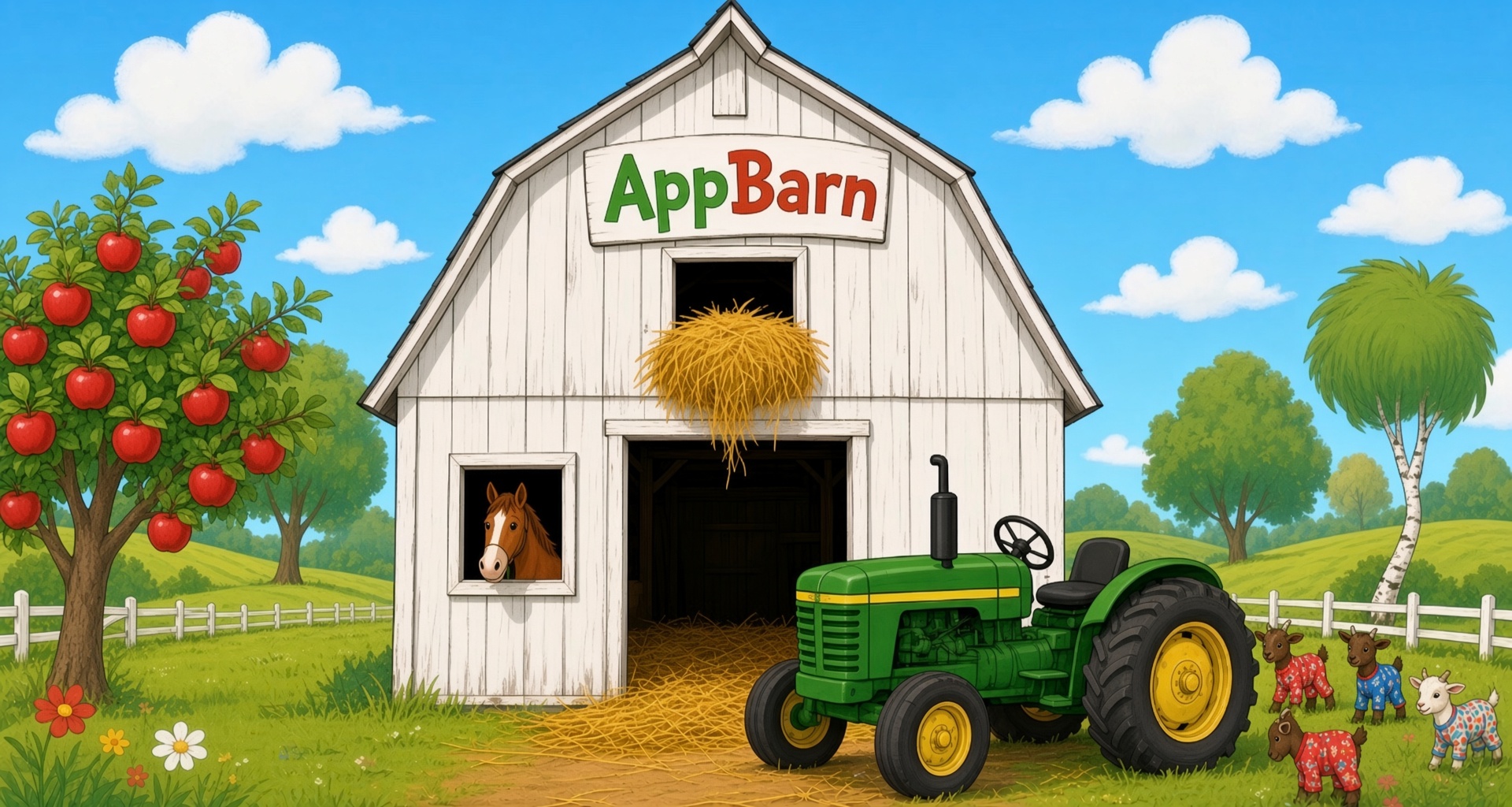 AppBarn farm illustration: white barn with AppBarn sign, tractor, apple tree, and goats.
